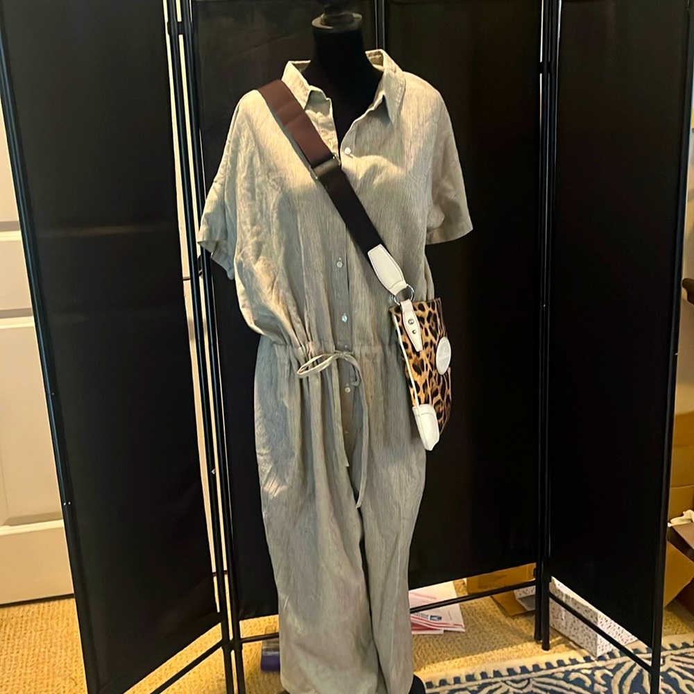 Never Worn- Eileen Fisher XL Short Sleeve button down jumpsuit with waist cinch